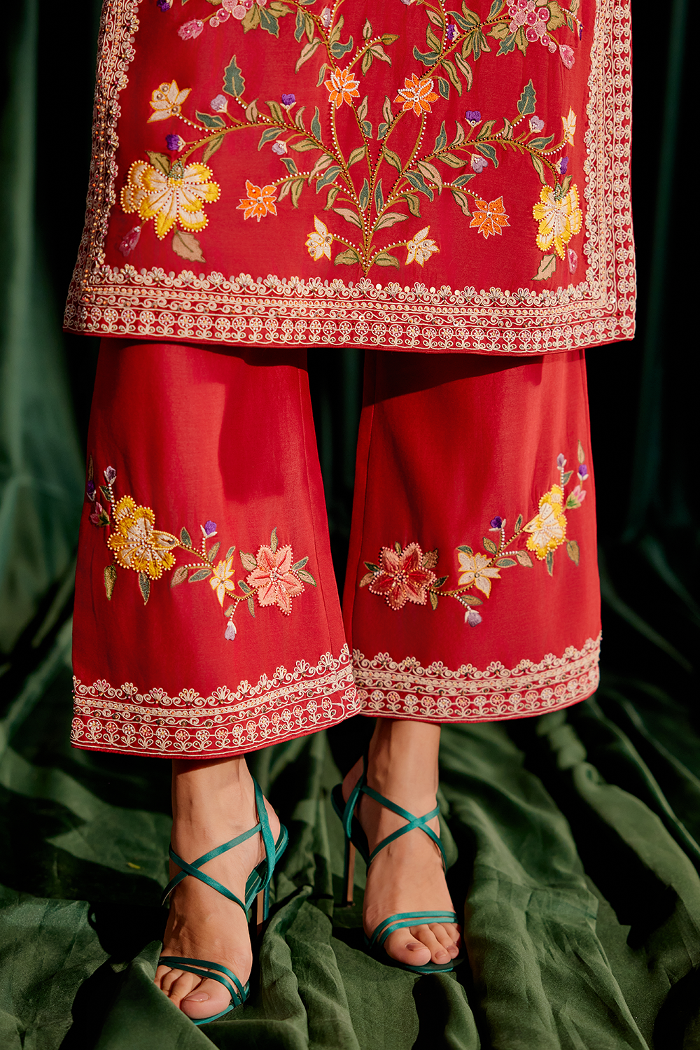 Red Embroidered Multicolor Floral Kurta Set