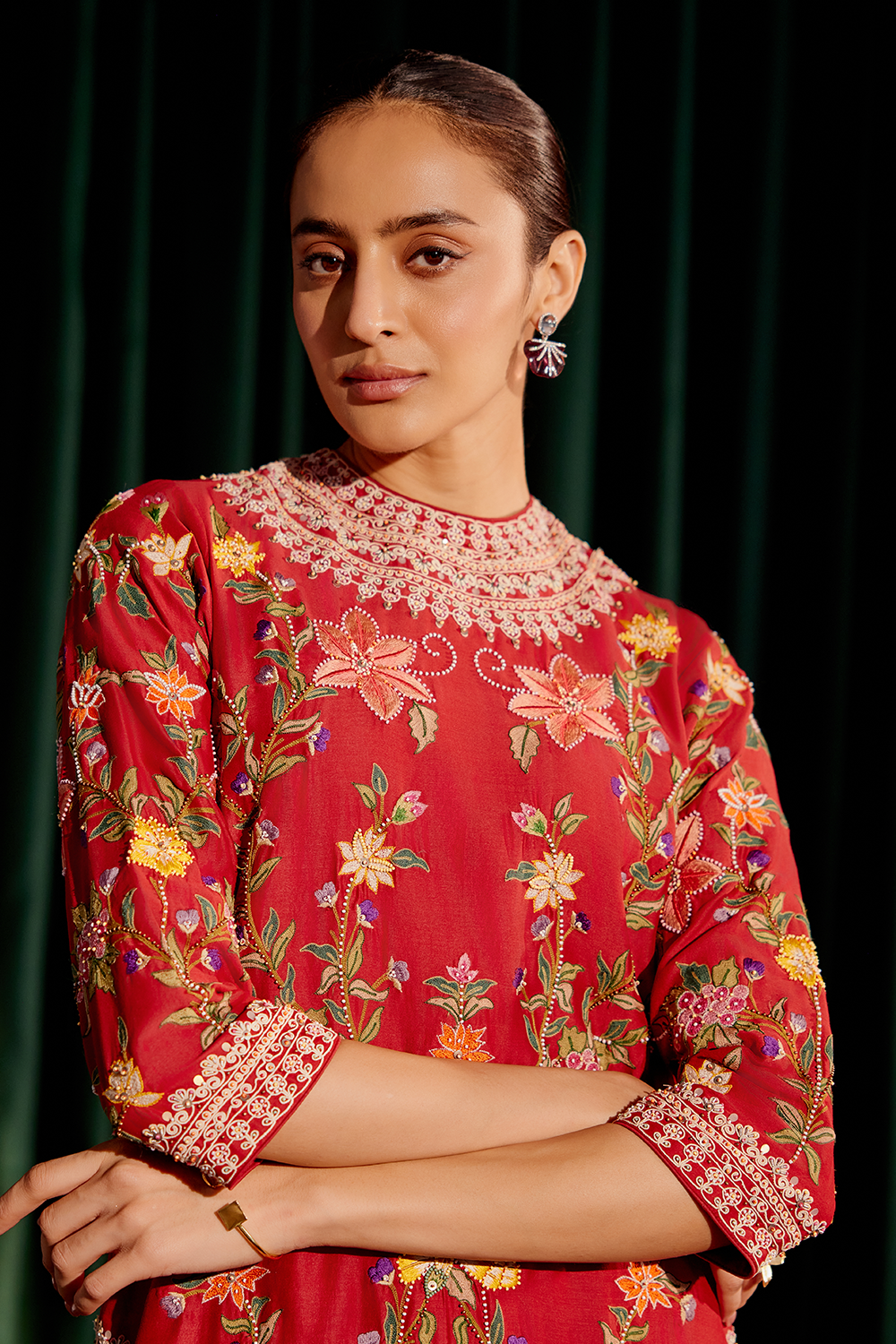 Red Embroidered Multicolor Floral Kurta Set with Dupatta