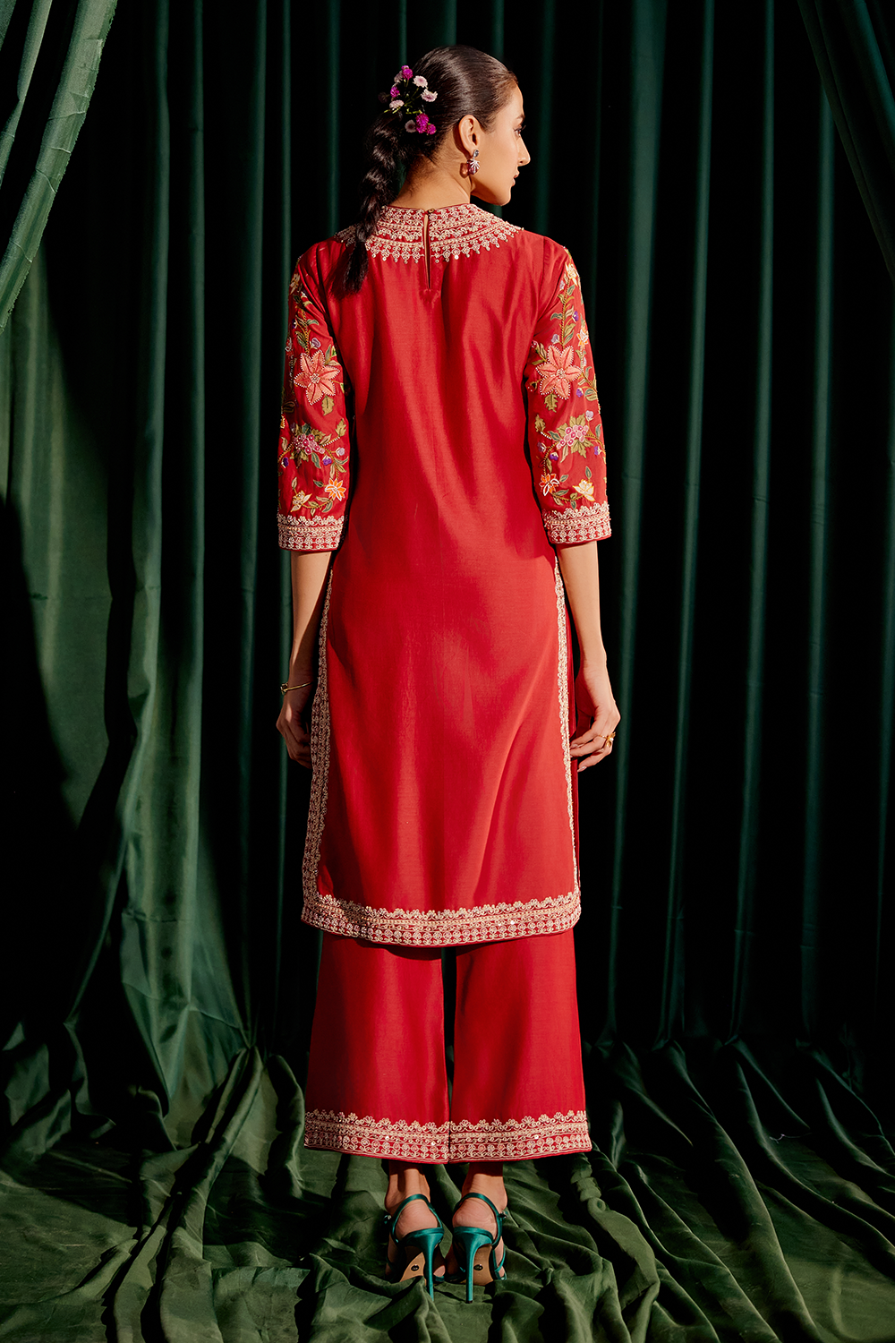 Red Embroidered Multicolor Floral Kurta Set with Dupatta