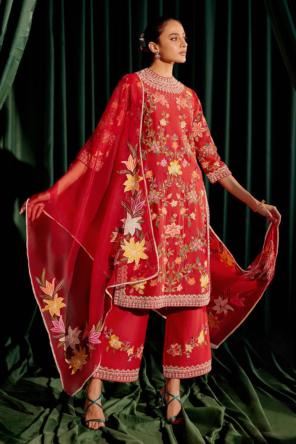 Red Embroidered Multicolor Floral Kurta Set with Dupatta