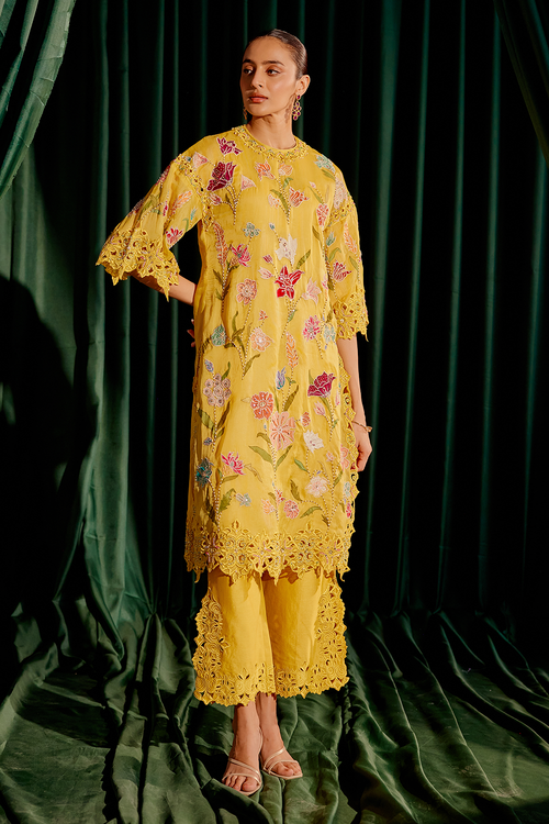 Yellow Floral Applique Kurta with Cutwork Pant