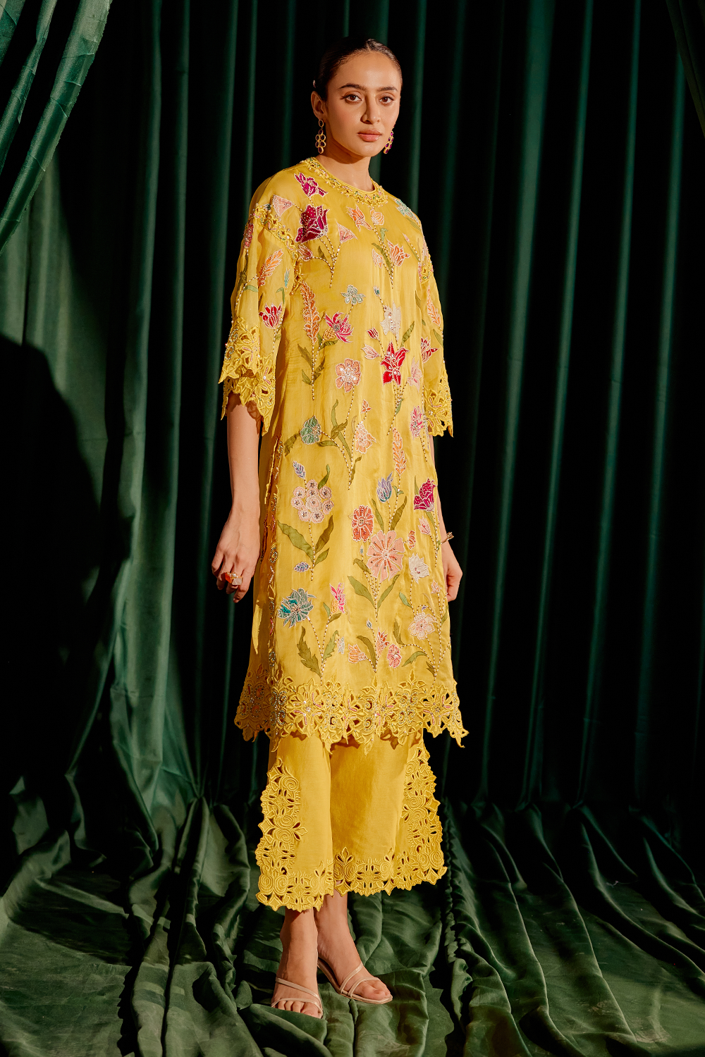 Yellow Floral Applique Kurta with Cutwork Pant