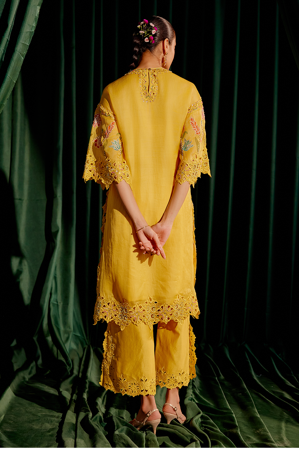 Yellow Floral Applique Kurta with Cutwork Pant