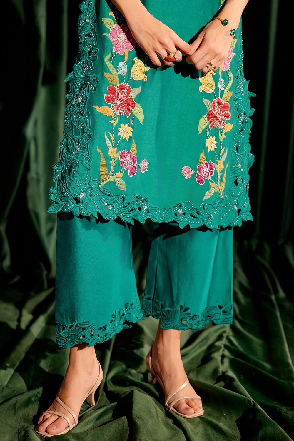 Emerald Green Floral Applique Kurta with Cutwork Pant and Dupatta