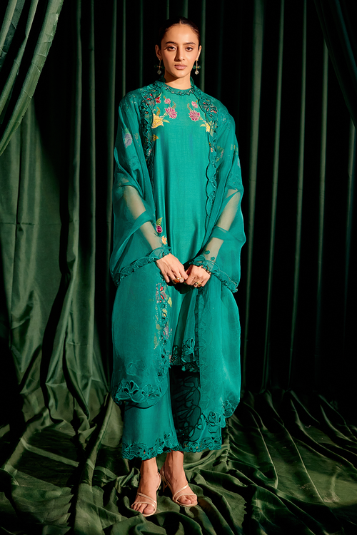 Emerald Green Floral Applique Kurta with Cutwork Pant and Dupatta