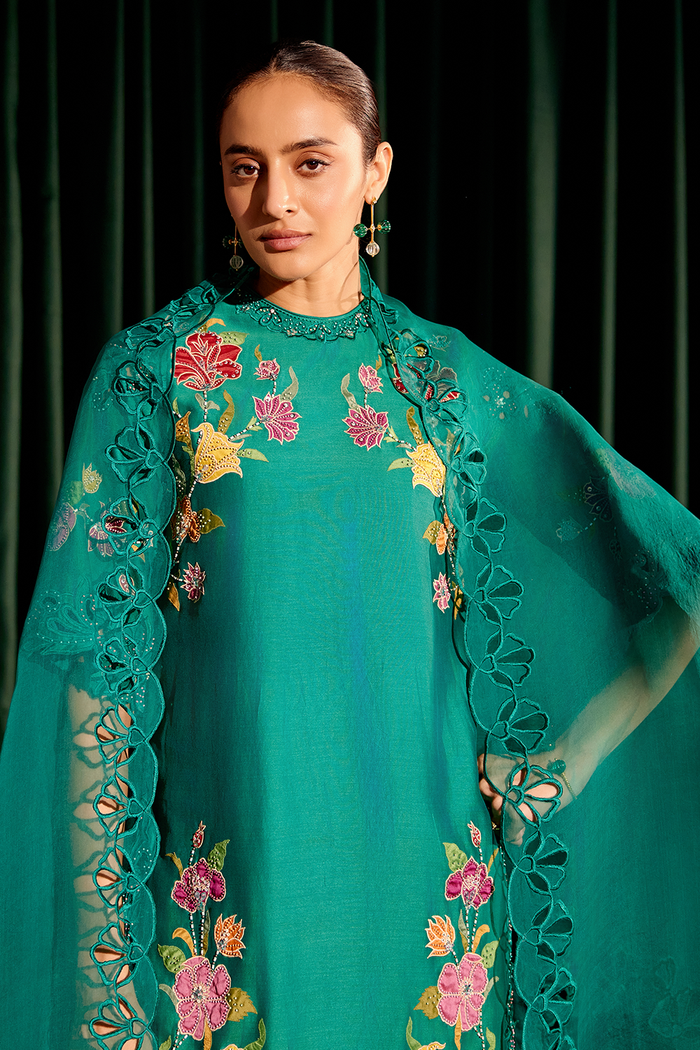 Emerald Green Floral Applique Kurta with Cutwork Pant and Dupatta