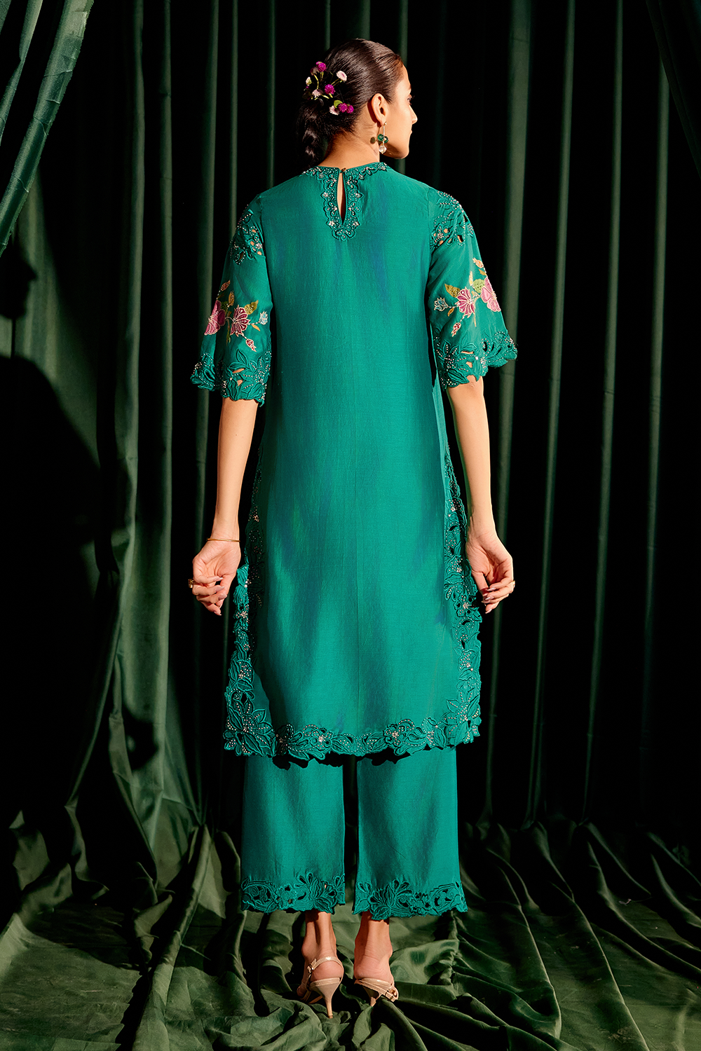 Emerald Green Floral Applique Kurta with Cutwork Pant and Dupatta