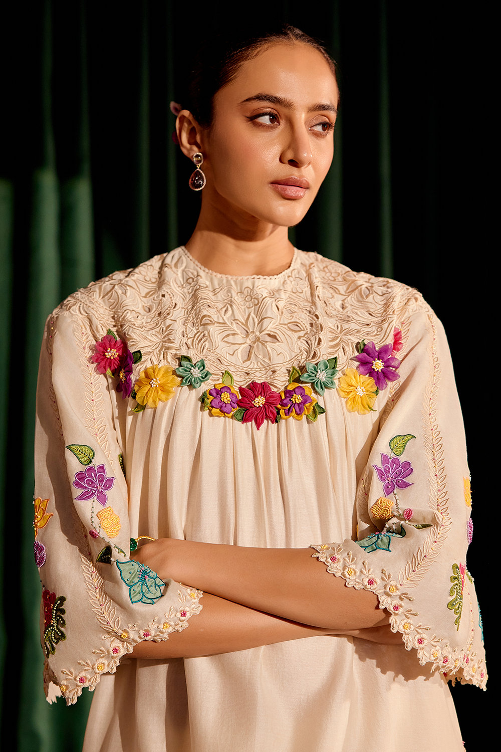 Ivory 3D Floral Applique Detail Kurta with Pant