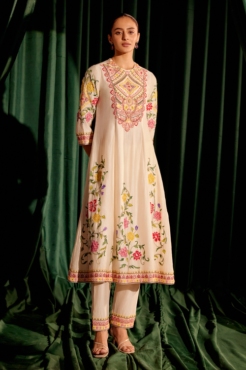 Ivory Embroidered Flared Kurta and Narrow Pant