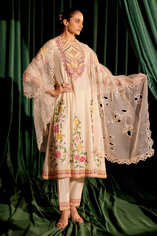 Ivory Embroidered Flared Kurta and Narrow Pant with Dupatta