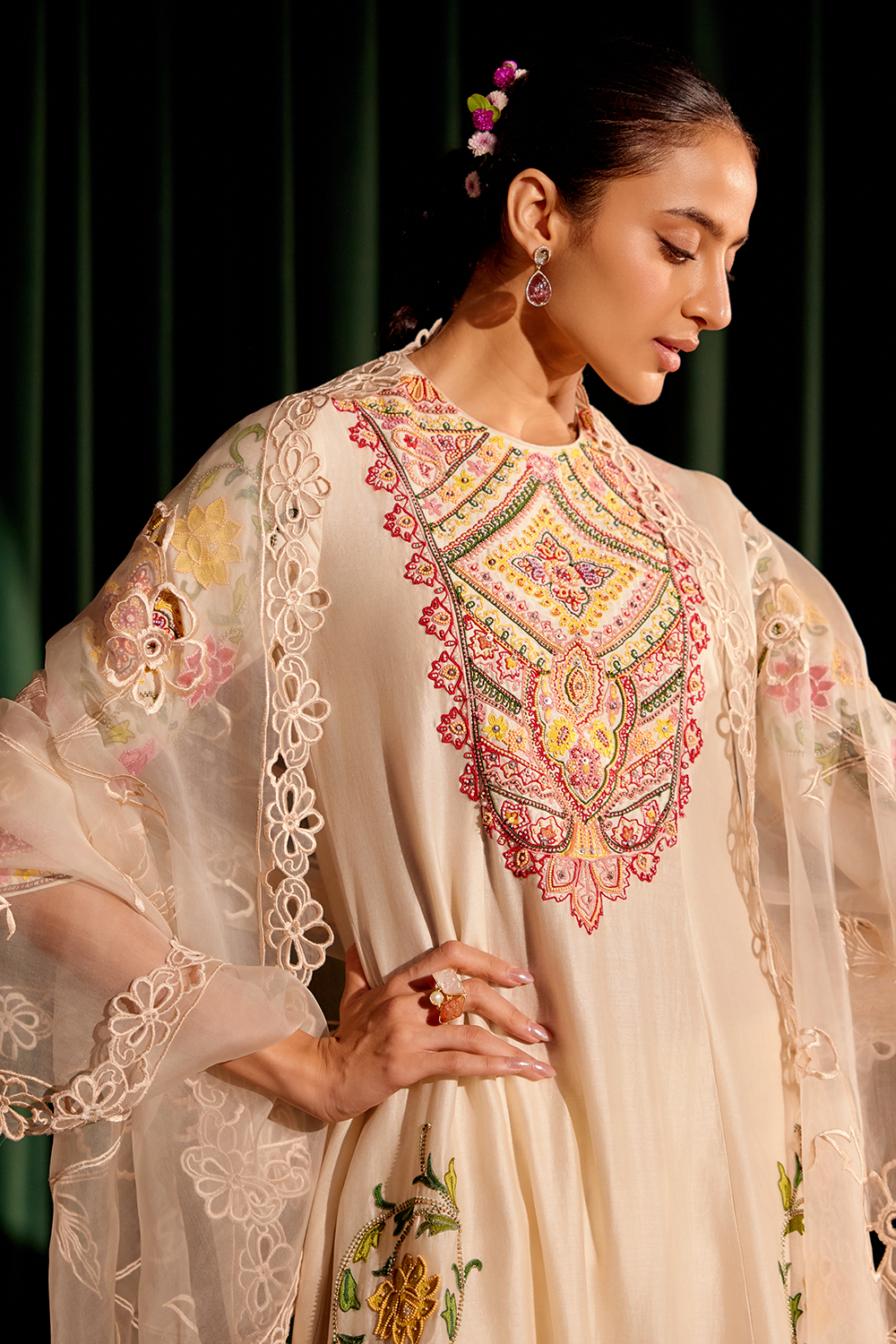 Ivory Embroidered Flared Kurta and Narrow Pant with Dupatta