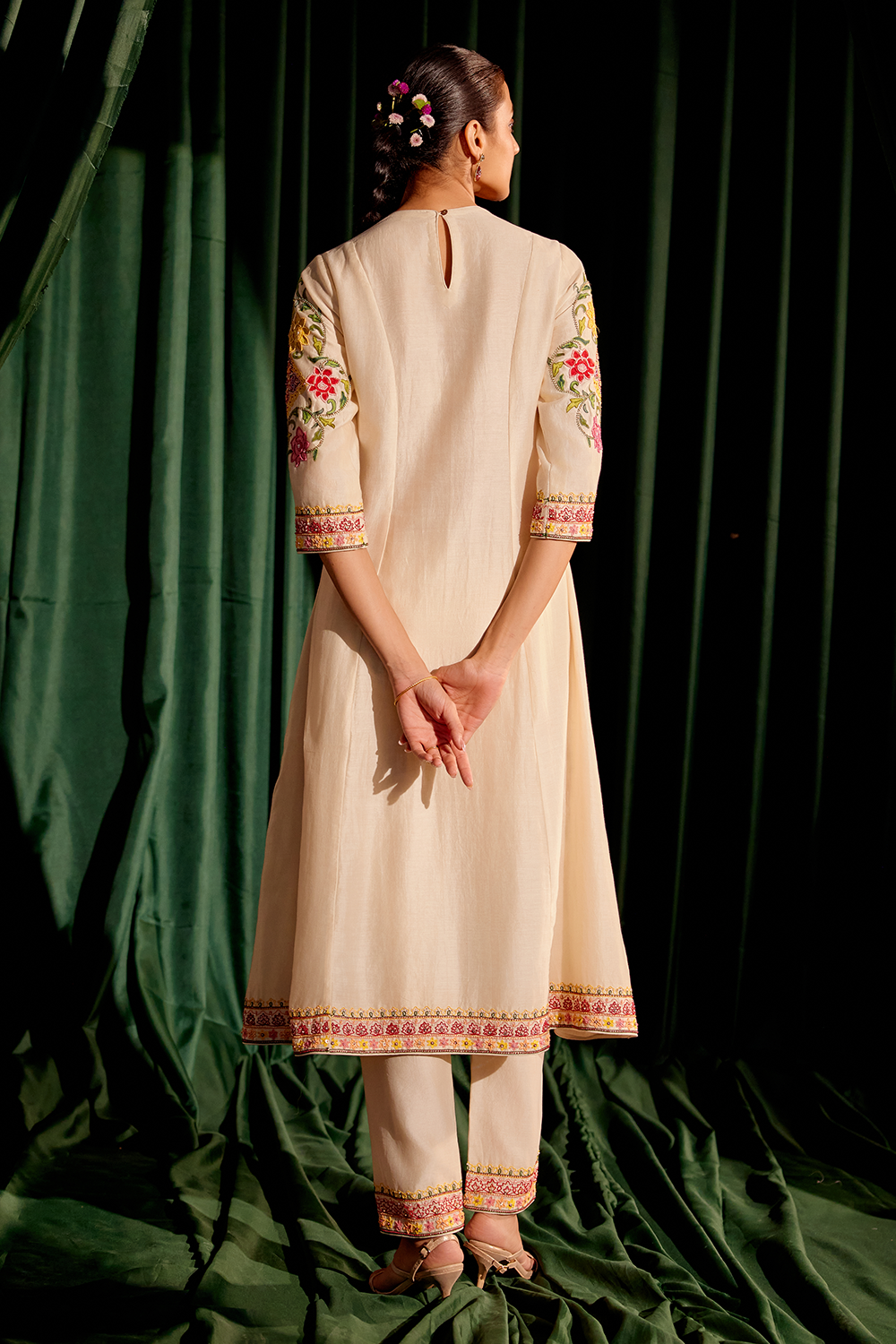 Ivory Embroidered Flared Kurta and Narrow Pant