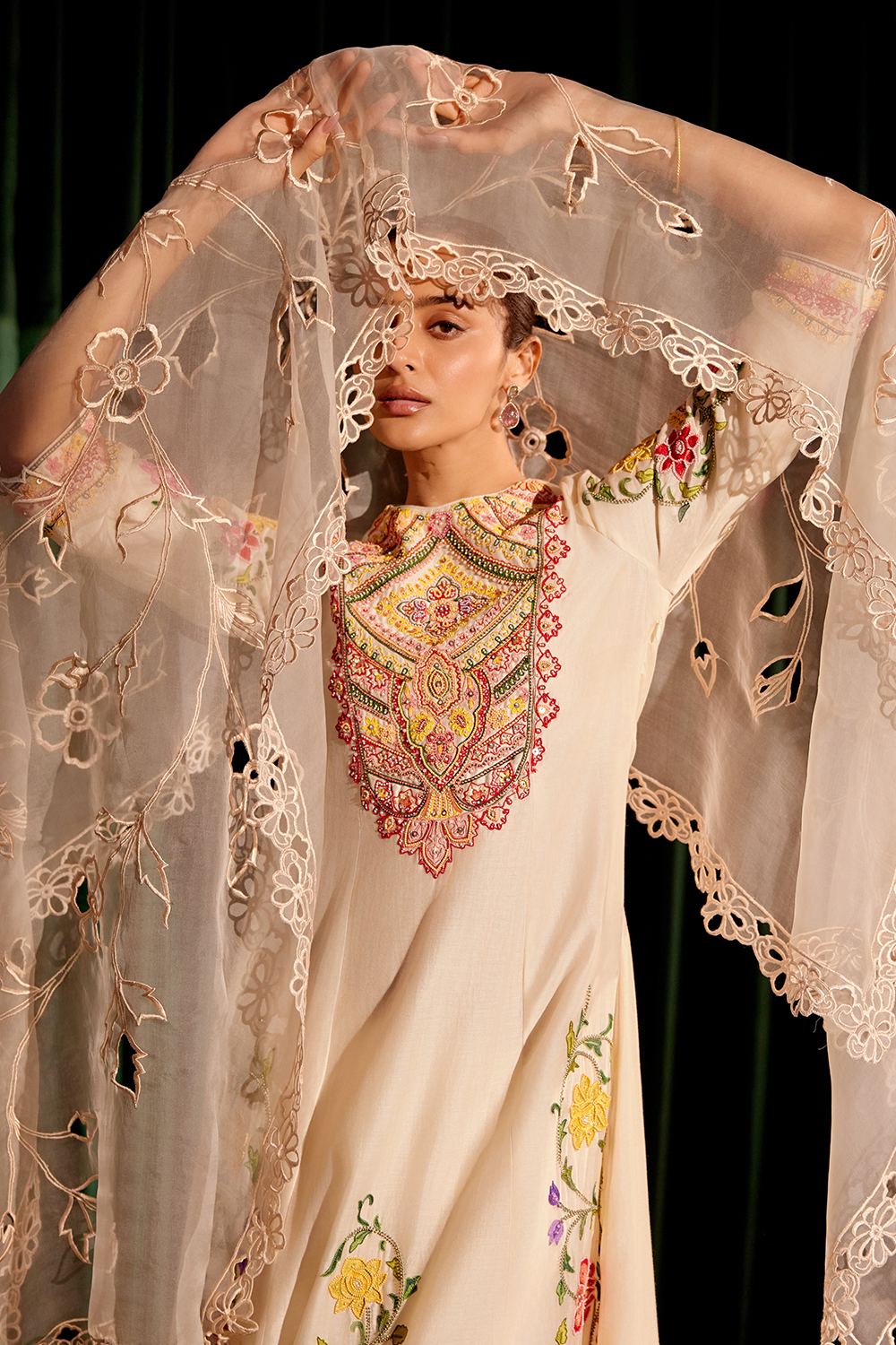 Ivory Embroidered Flared Kurta and Narrow Pant with Dupatta