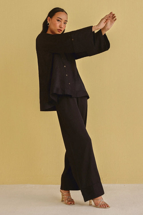 Indigo Turnover Sleeves Pintuck Jacket With Palazzos