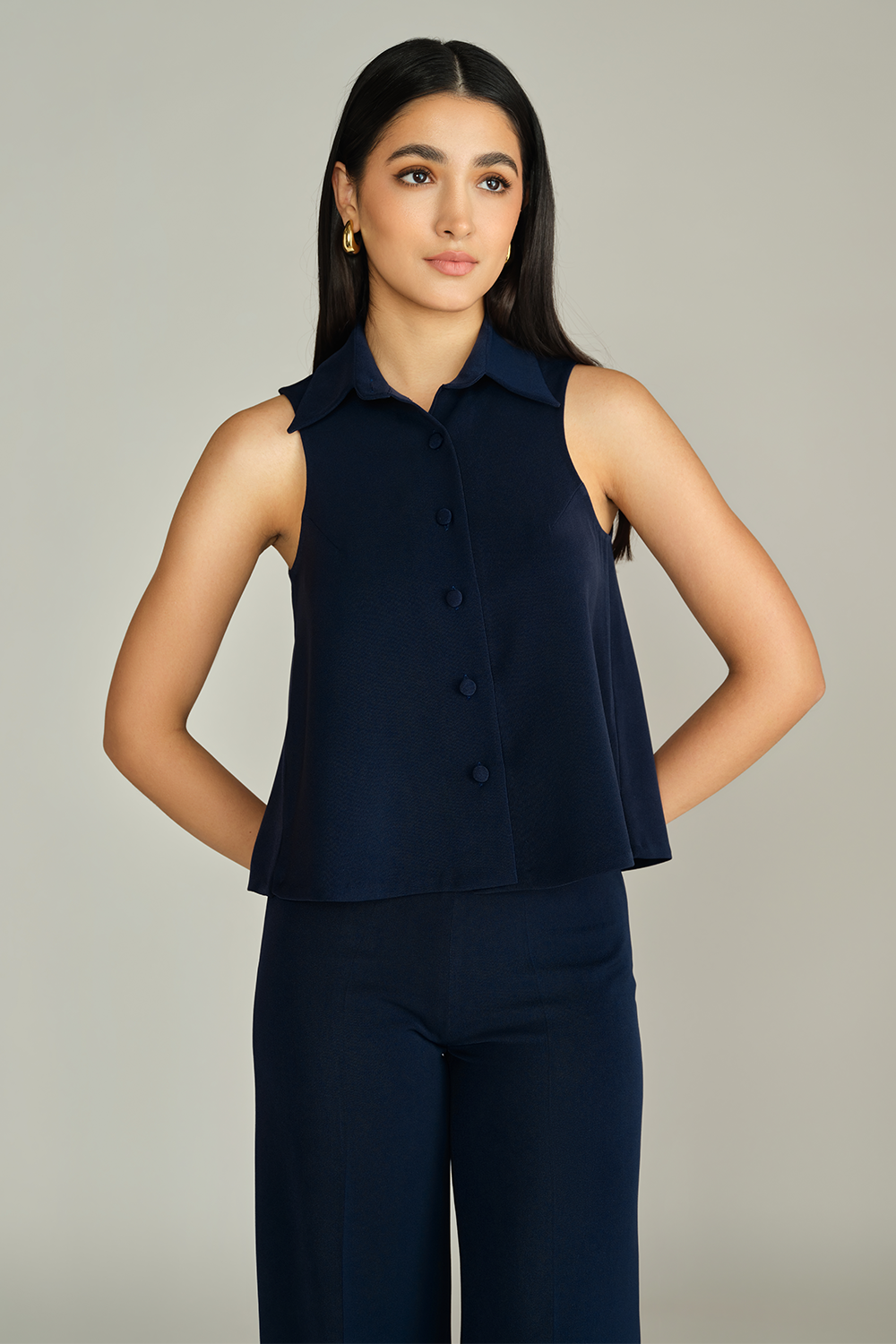 Navy Blue Stretch Suiting Sleeveless Top