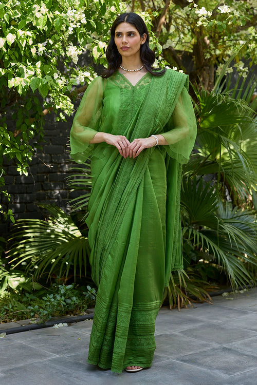 Wander Trail Green Embroidered Saree With Blouse