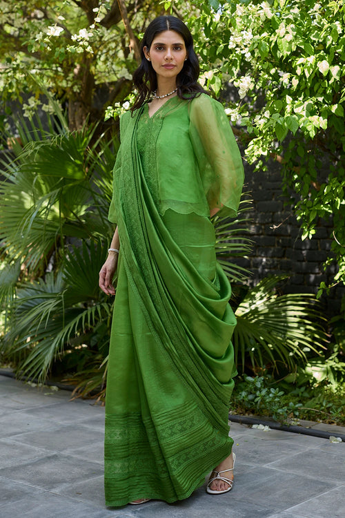 Wander Trail Green Embroidered Saree With Blouse