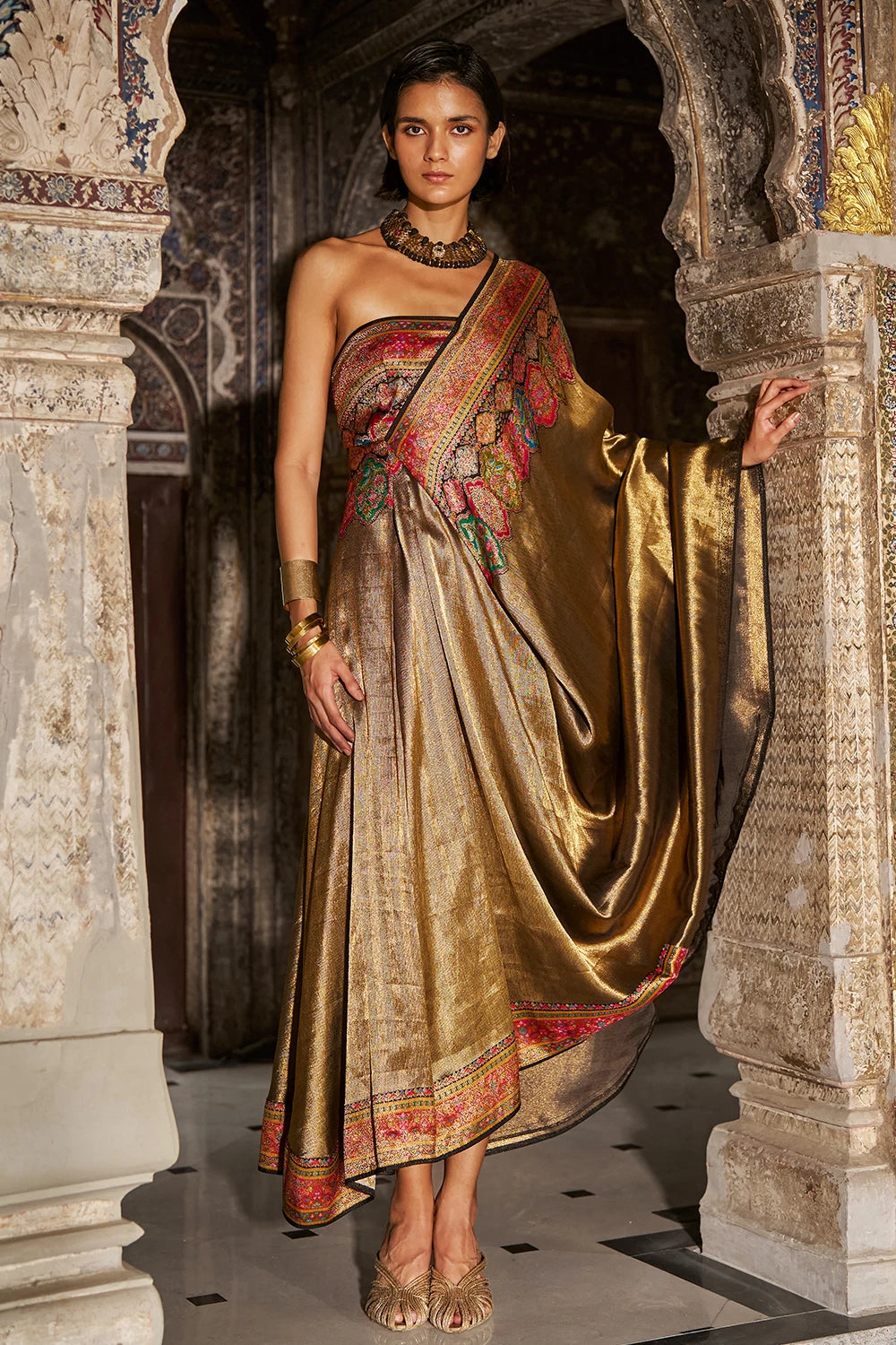 One-Shoulder Benares Weave Gown