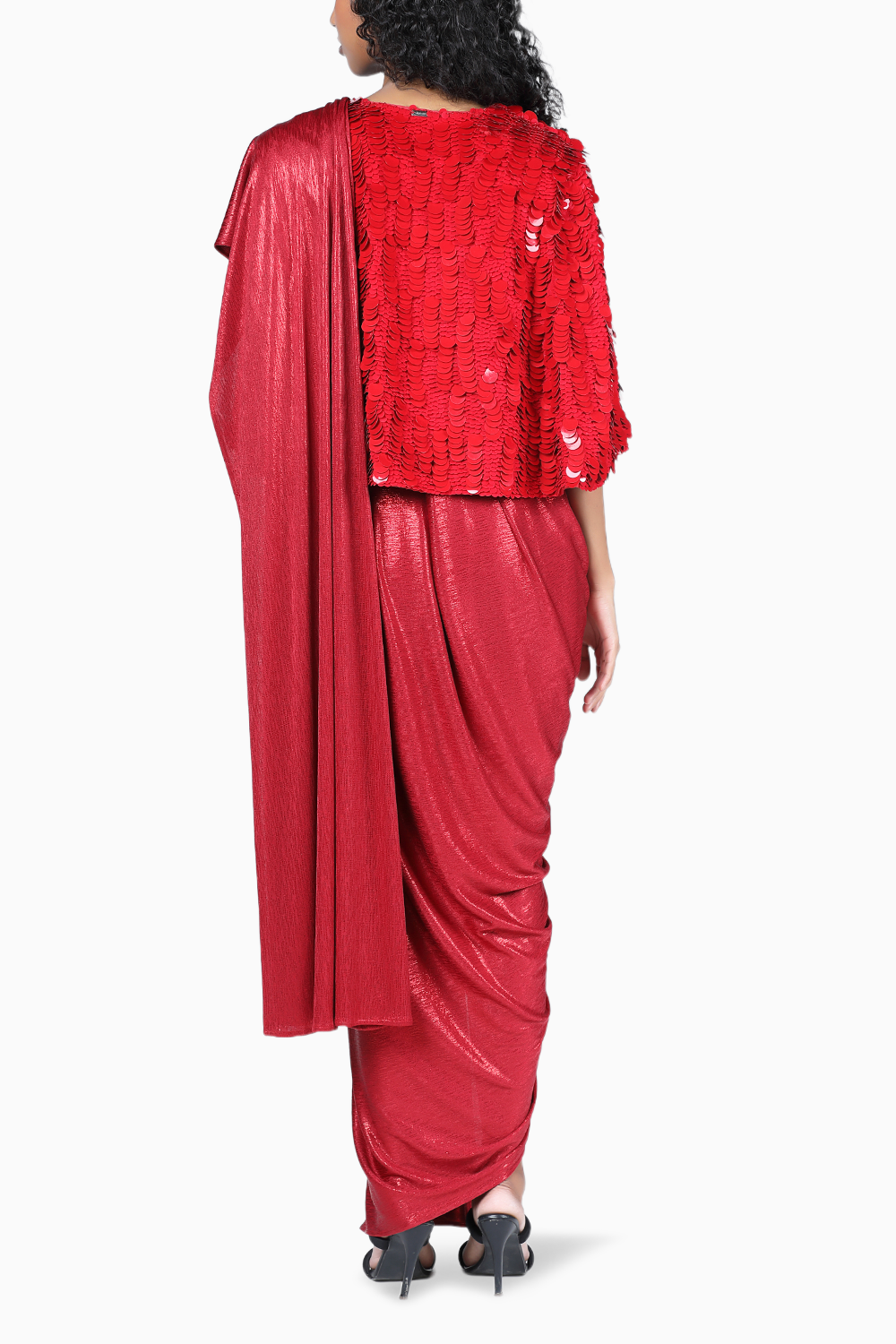 Red Ocea Sari With Max Cape Set