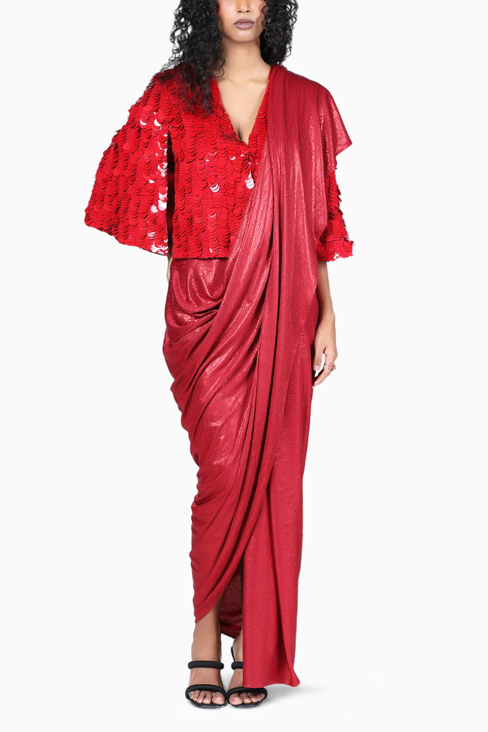 Red Ocea Sari With Max Cape Set