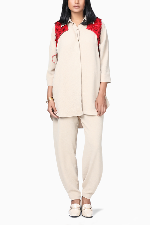Beige Moka Kurta Set with X Overlay