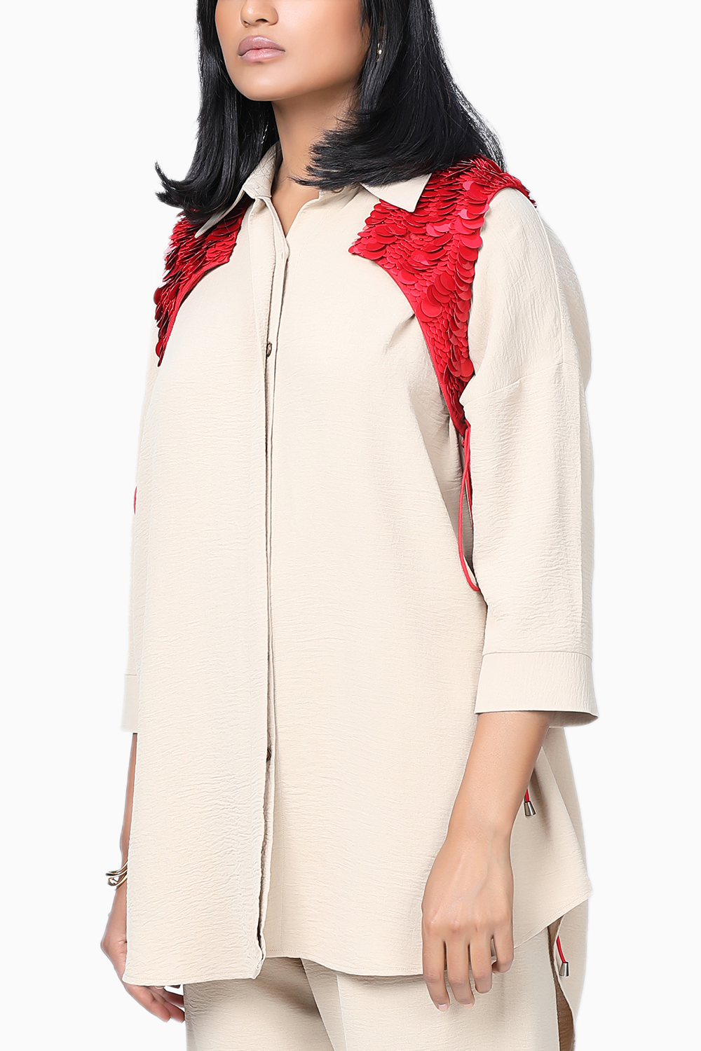 Beige Moka Kurta Set with X Overlay