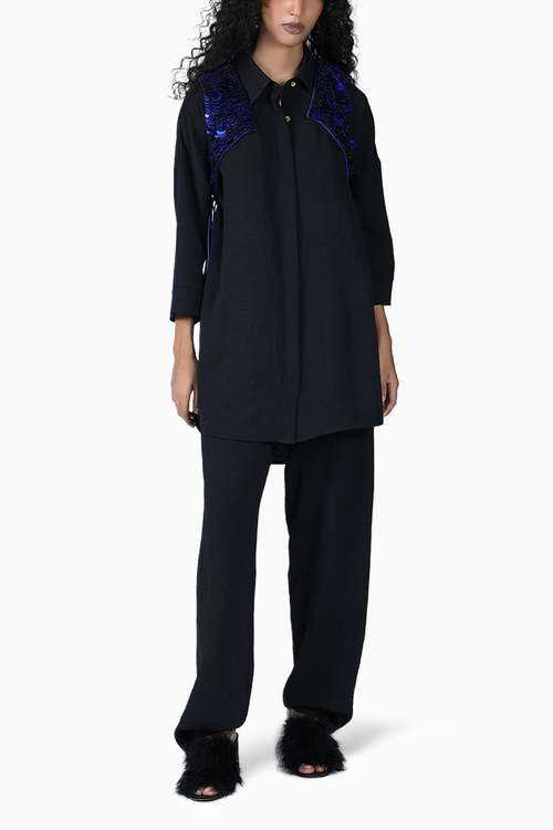 Black Moka Kurta Set with X Overlay