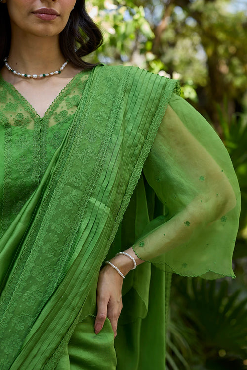 Wander Trail Green Embroidered Saree With Blouse