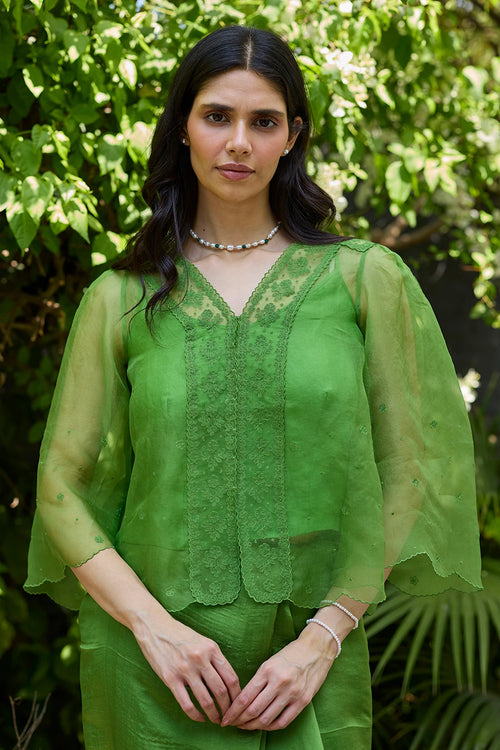Wander Trail Green Embroidered Blouse