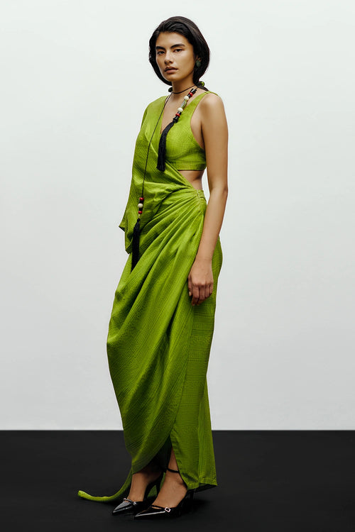 Lime Green Mose Sari With Gilly Blouse
