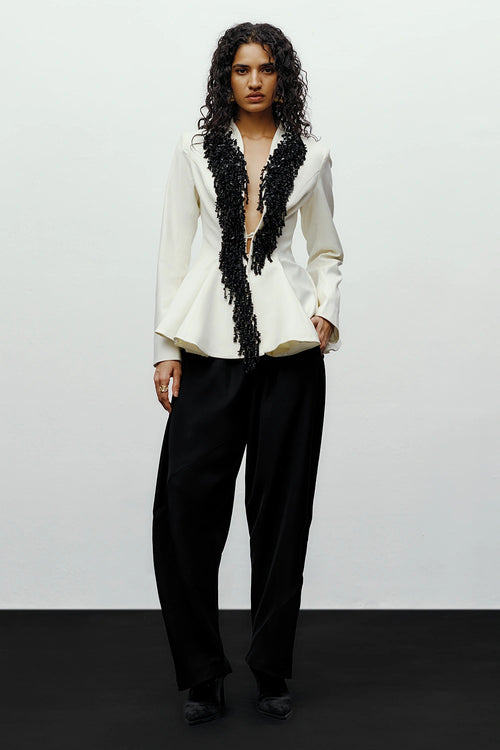 White Moon Jacket With Black Barrel Pants