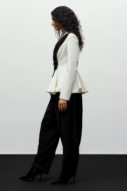 White Moon Jacket With Black Barrel Pants