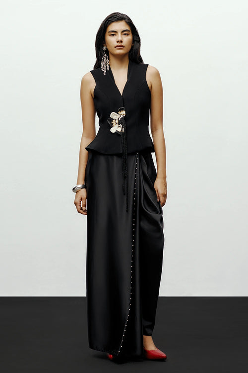Black Bloom Jacket With Beaded Half Dhoti Pants