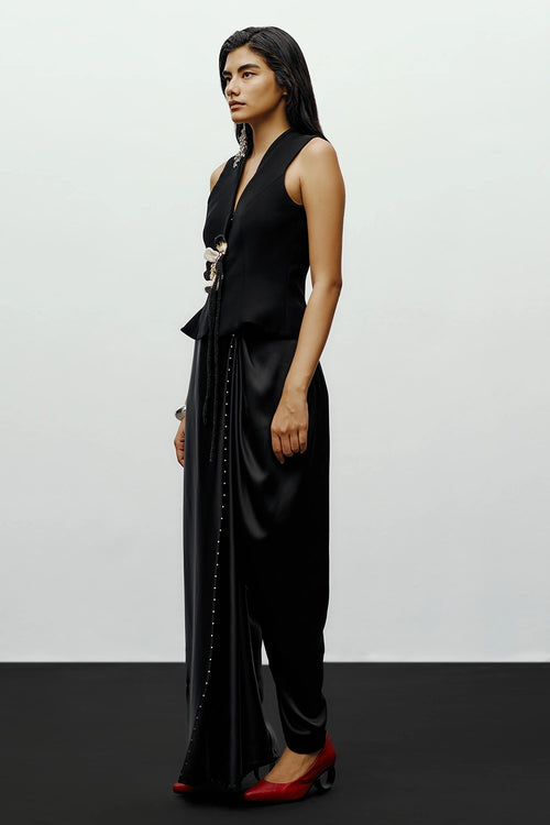 Black Bloom Jacket With Beaded Half Dhoti Pants