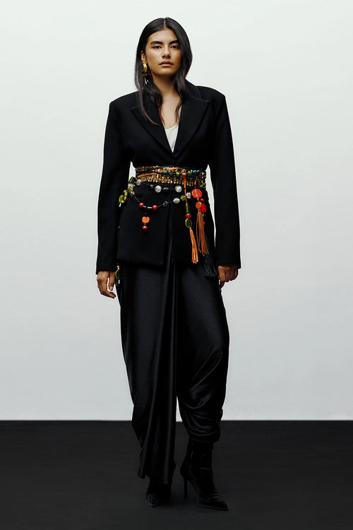 Black Sk Blazer With Black Ash Dhoti Pants