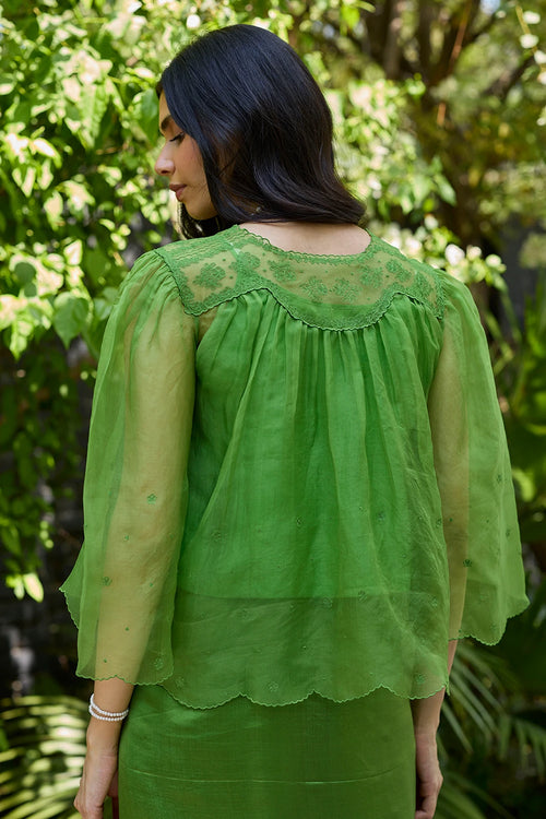 Wander Trail Green Embroidered Blouse