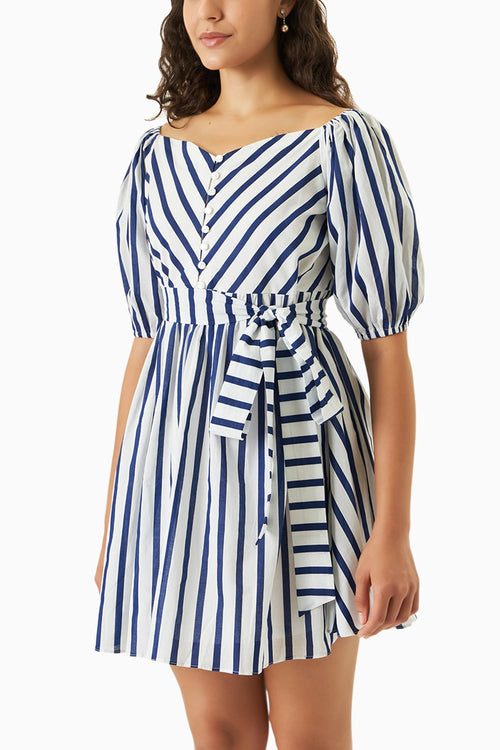 Soft Shoulder Blue Stripe Dress