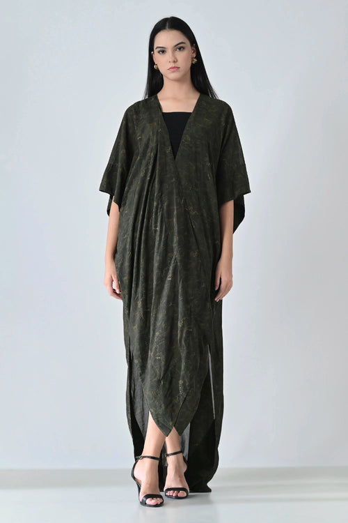 Olive Moss Draped Overlay Kaftan