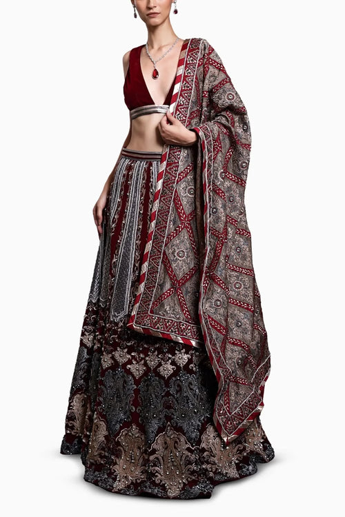 CF Maroon Applique Lehenga Set