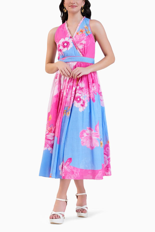 Pastoral Printed Cotton Check Calf Length Dress