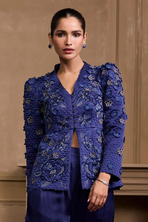 Cobalt Blue Metallic Quilted Peplum Jacket