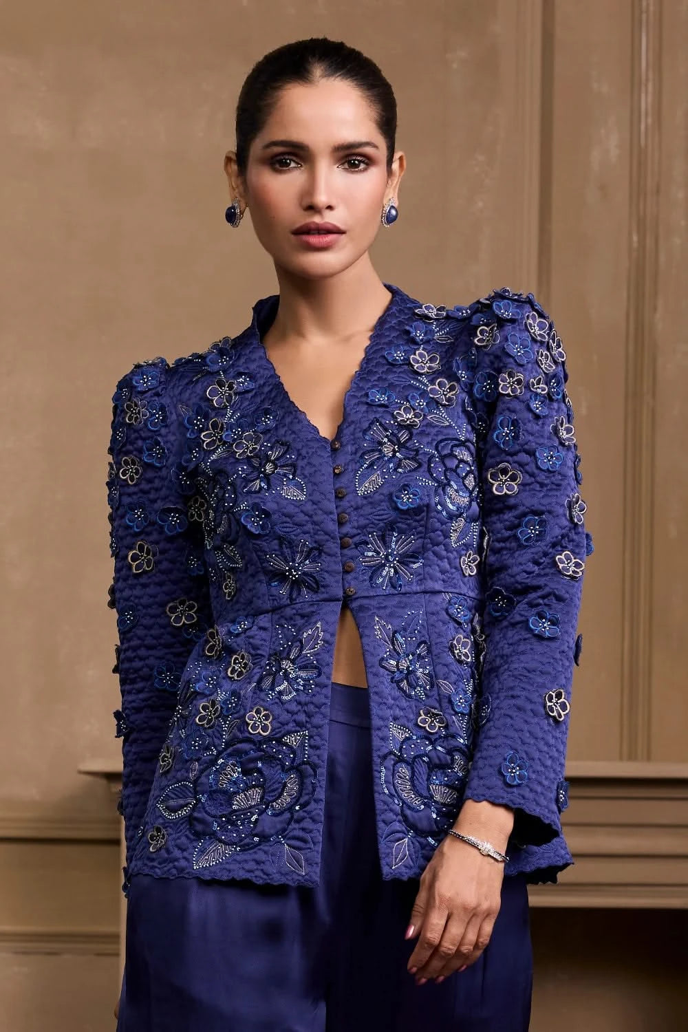 Cobalt Blue Metallic Quilted Peplum Jacket