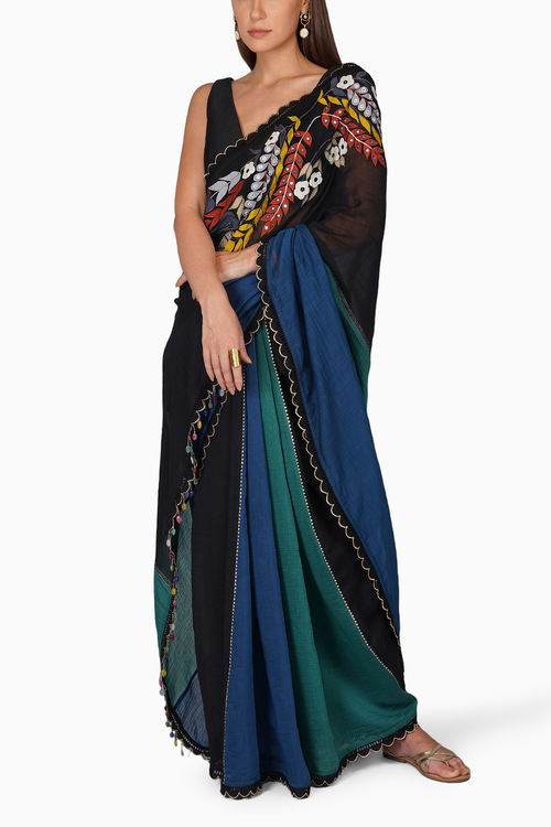 Applique Work Multi Colored Saree Set