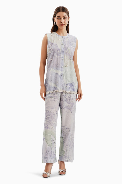 Cotton Blue Green Marble Jacket and Pants Set