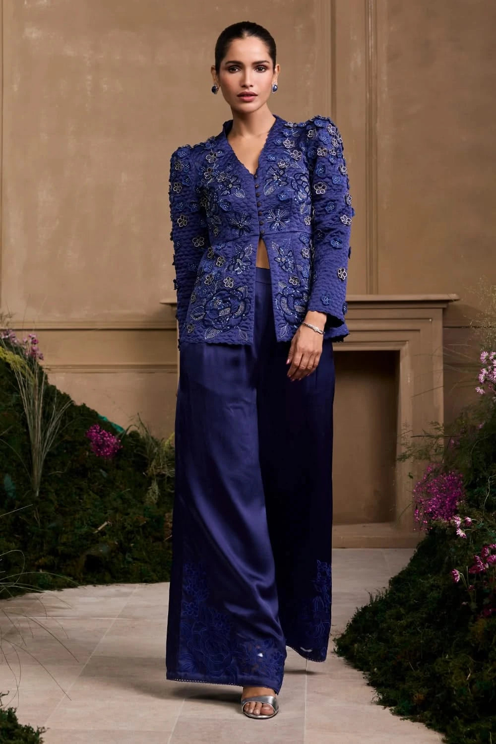Cobalt Blue Peplum Jacket With Wide Legged Pant