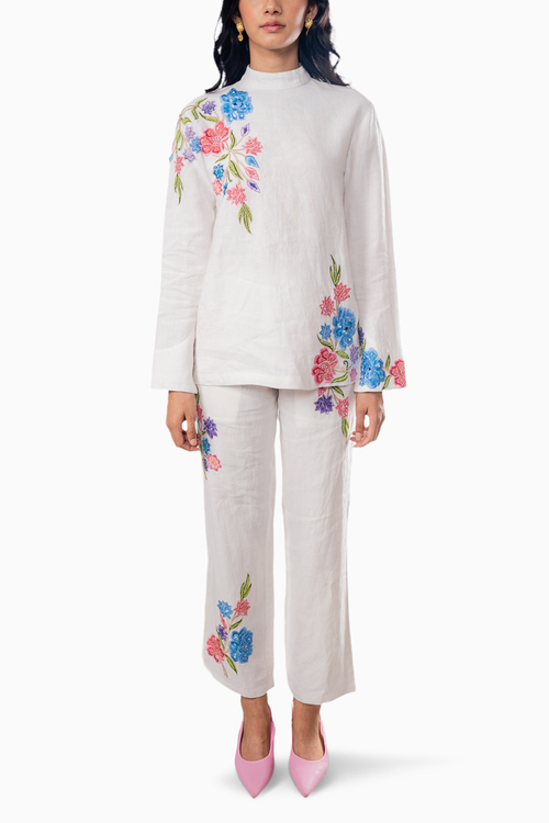 White Linen Embellished Co-ord Set