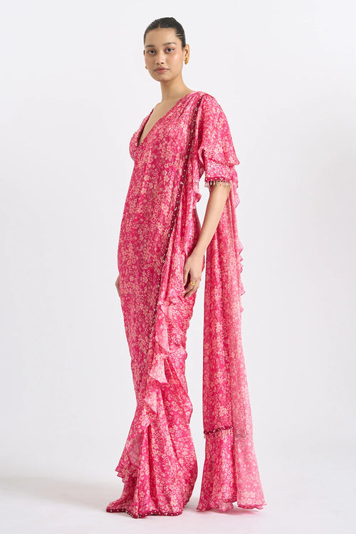 Fuchsia Ruffled Printed Saree Set