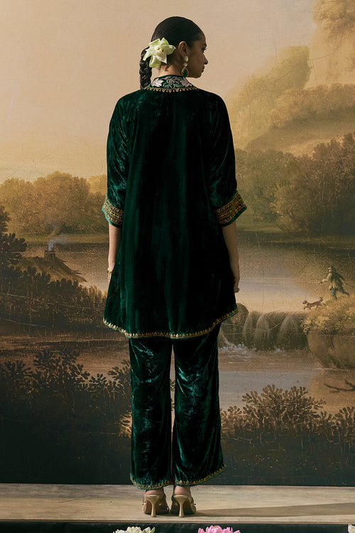 Emerald Green Metallic Kimono Tunic With Pants