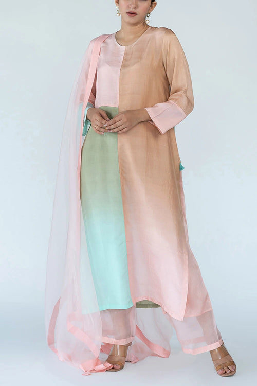 Pink Ombre Color Block Kurta Set