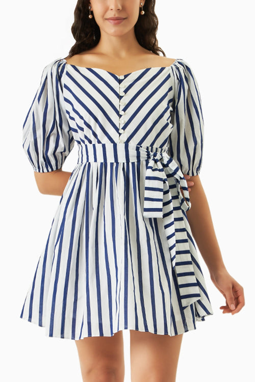 Soft Shoulder Blue Stripe Dress